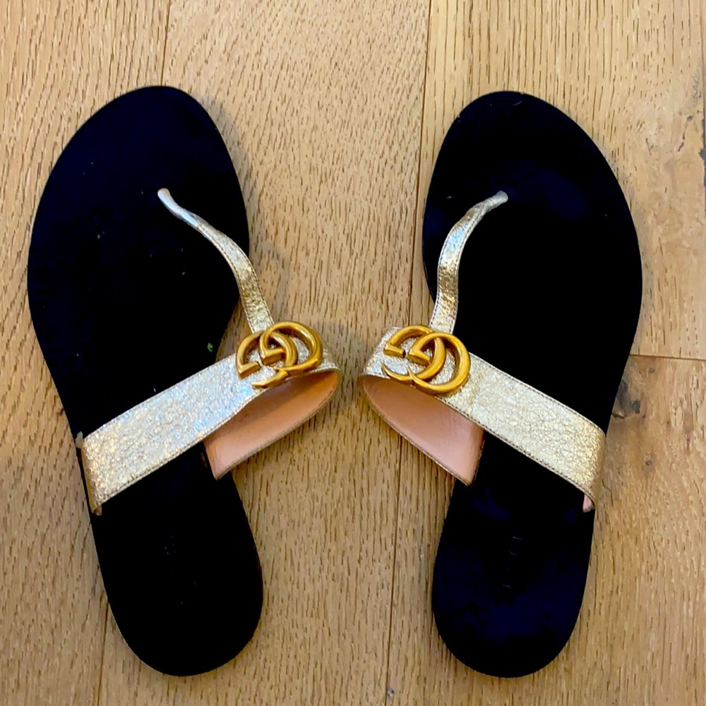 Gucci T-Strap Sandals: Gold tinted leather